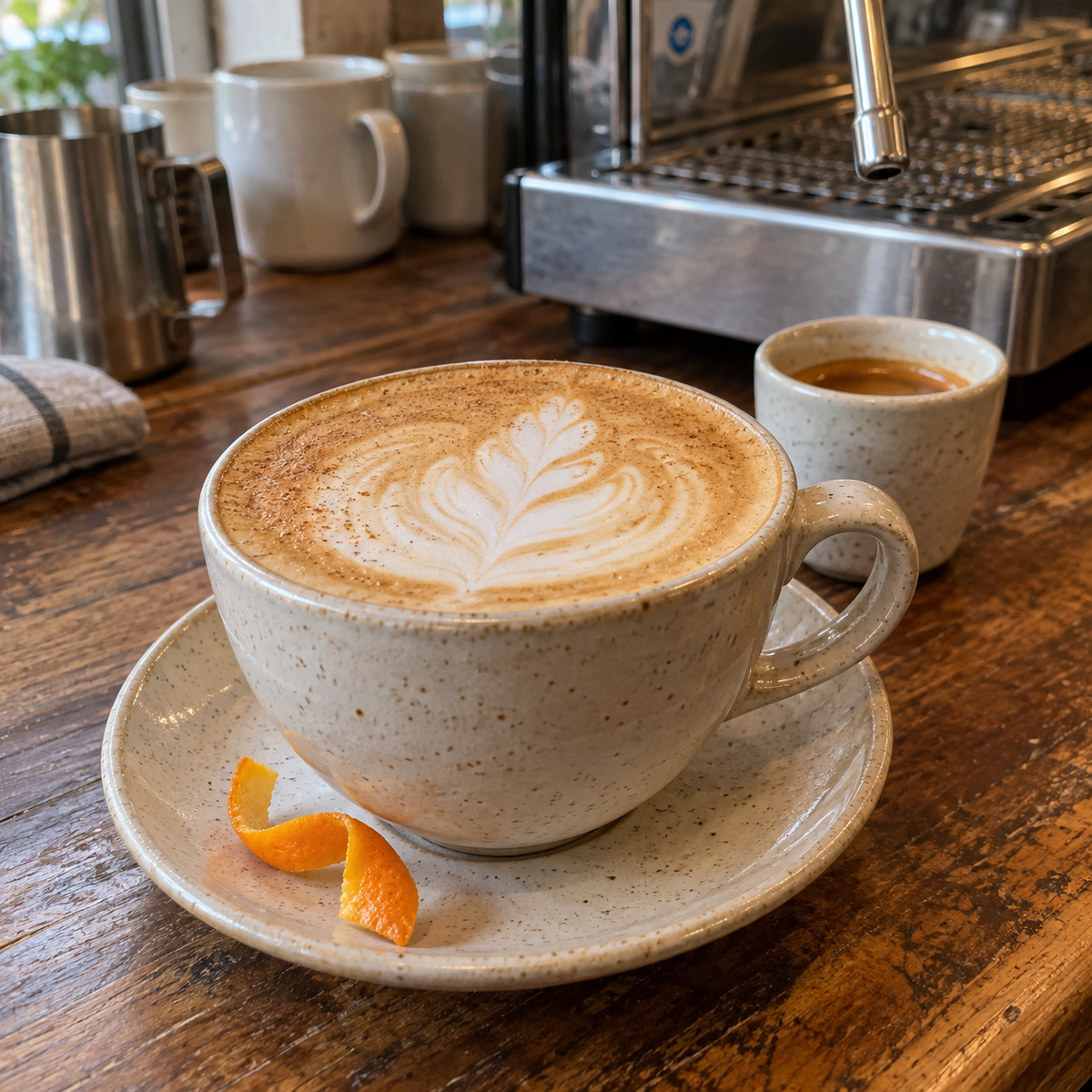 Dirty Gingerbread Latte with espresso, silky microfoam and orange peel in a ceramic cup on a café counter