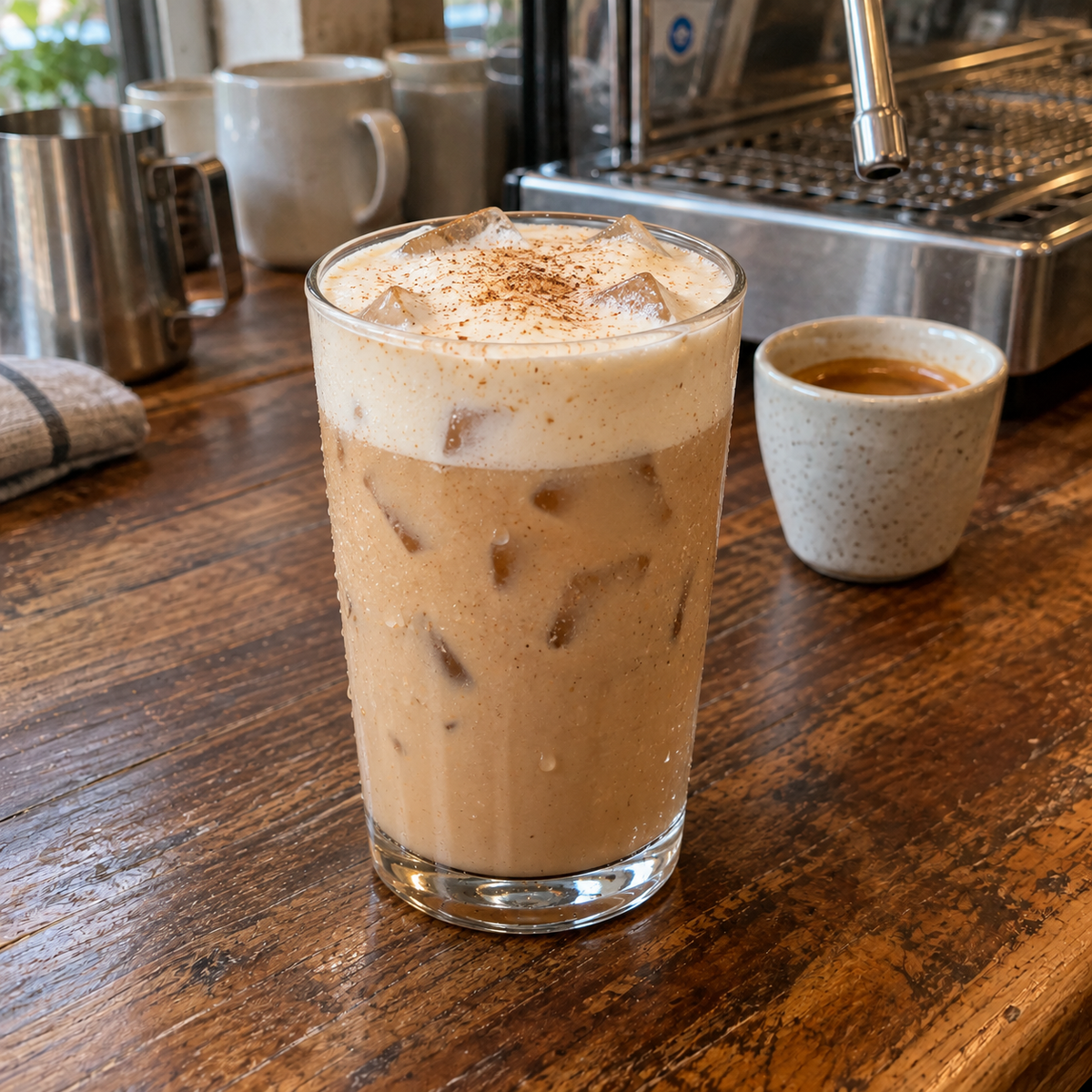 Salted Vanilla Gingerbread Chai over ice with vanilla cold foam and nutmeg on a café counter