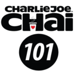 A black circle with the word " charlie joe chai 1 0 1 ".