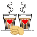 Two cups of coffee with a heart on them next to cookies.